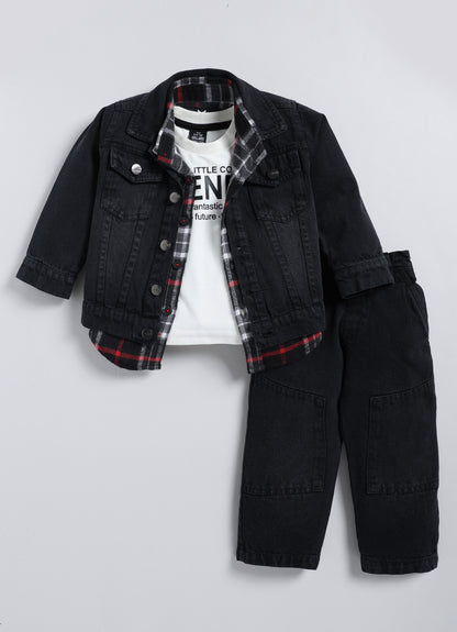 Cotton Denim Woven Full sleeved Washed Jacket with Brushed Checkered Shirt Tshirt and Trousers - Red