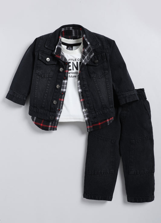 Cotton Denim Woven Full sleeved Washed Jacket with Brushed Checkered Shirt Tshirt and Trousers - Red