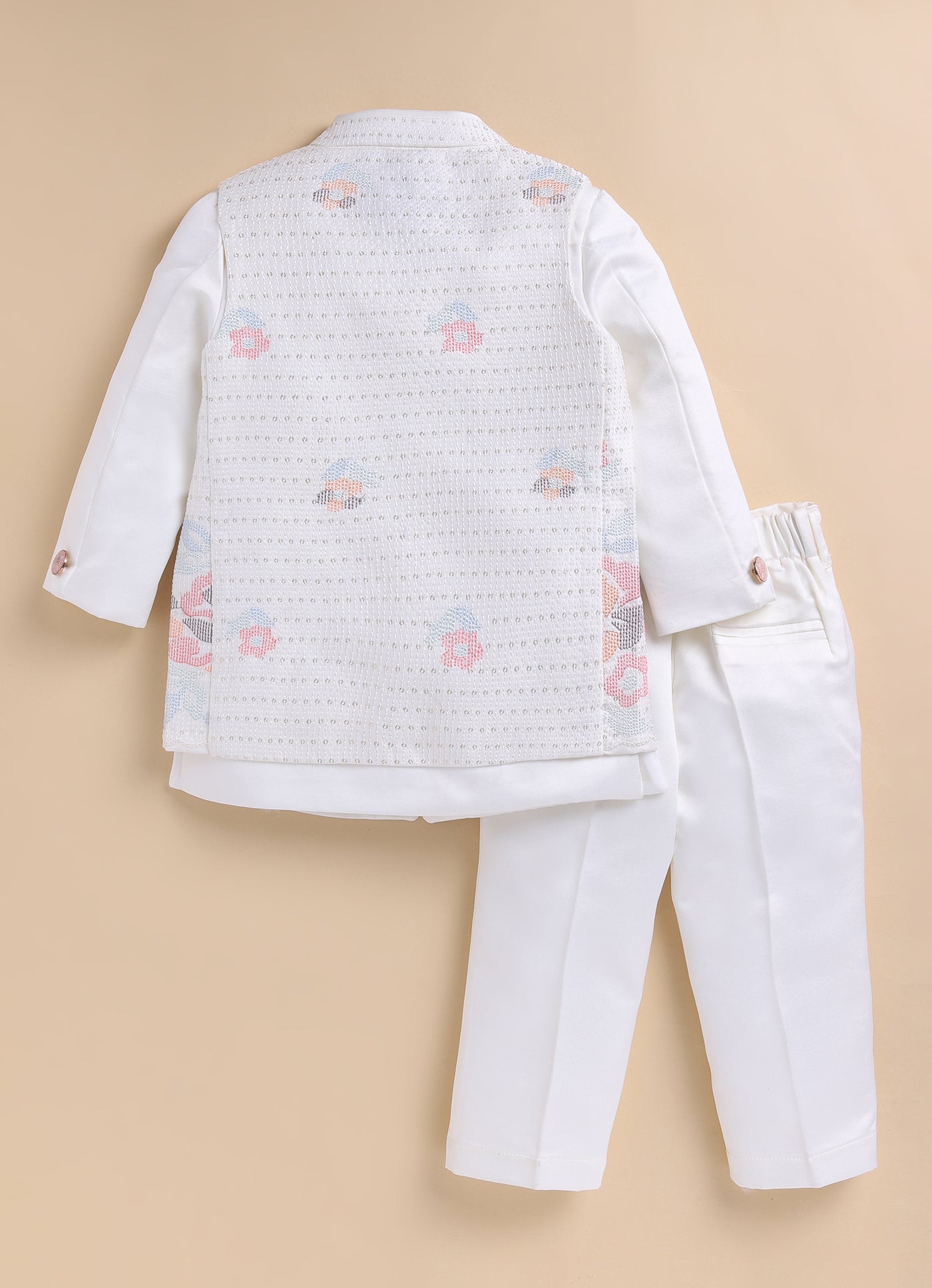 Blended Silk Full Sleeves Self Texture Achkan Bandhgala with Pants and Brooch Ethnicwear Set- White