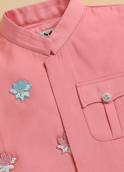 Boys Blended Silk Motif Embellished Wedding Special Super Cute Nehru Jacket, Kurta, Pajama Ethnic Set- Pink