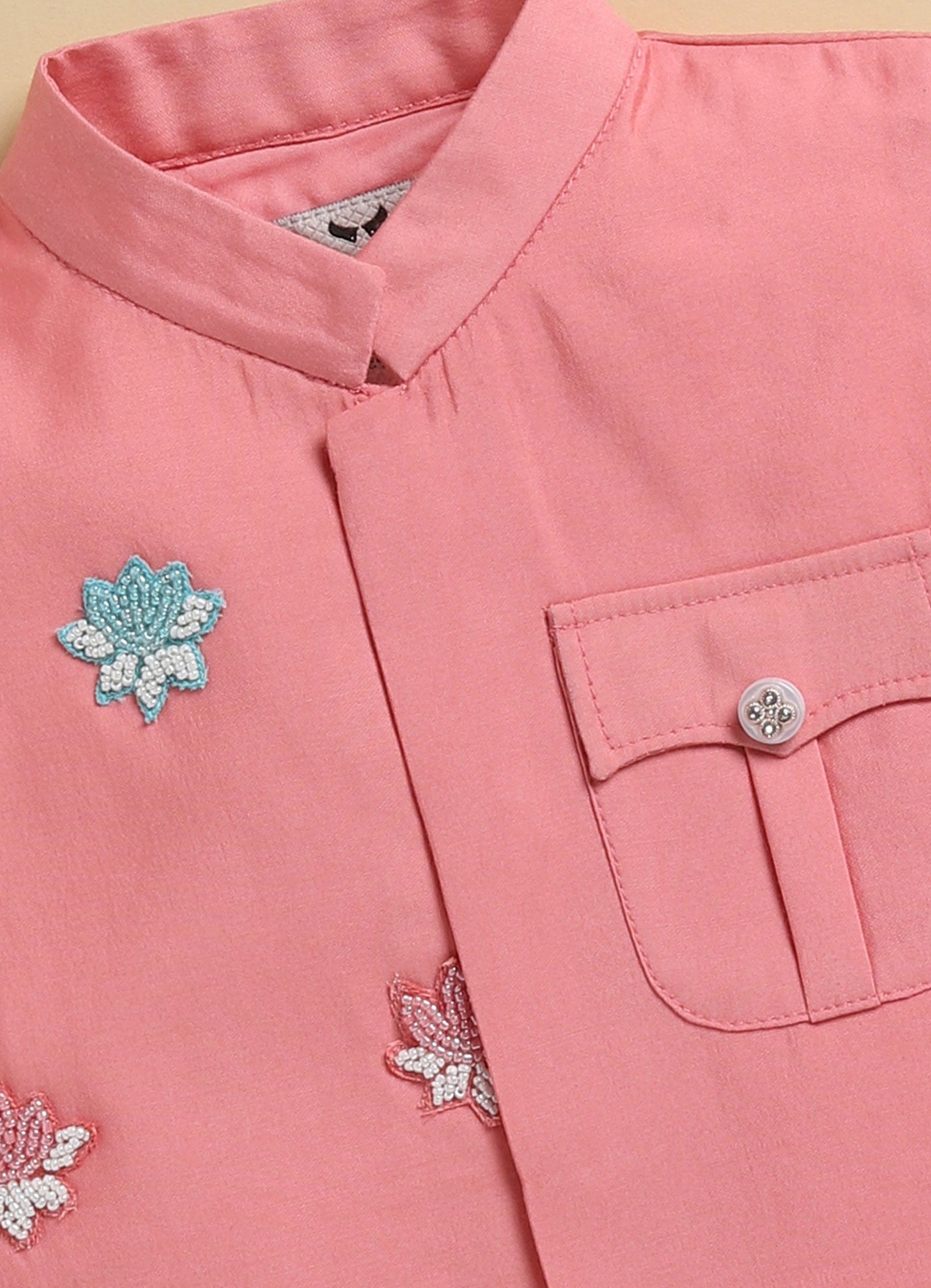 Boys Blended Silk Motif Embellished Wedding Special Super Cute Nehru Jacket, Kurta, Pajama Ethnic Set- Pink