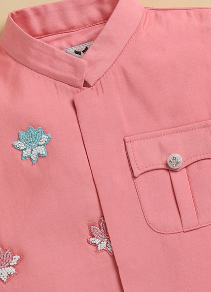 Boys Blended Silk Motif Embellished Wedding Special Super Cute Nehru Jacket, Kurta, Pajama Ethnic Set- Pink