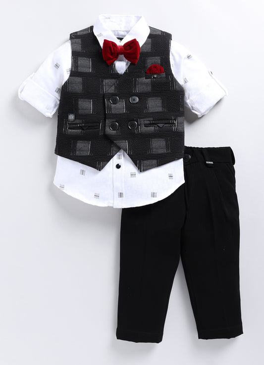 Boys Partywear Checkered Waistcoat Shirt Pant Bow Set- Black