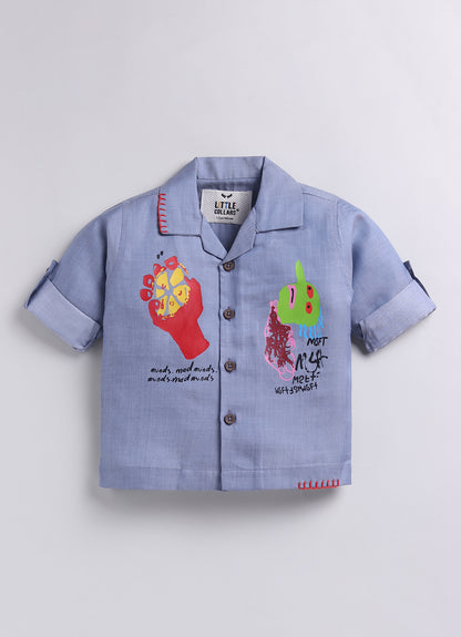 Boys Full Sleeves Cool Abstract Placement Printed Full Sleeve Shirt Pant with Belt Casual Set- Blue