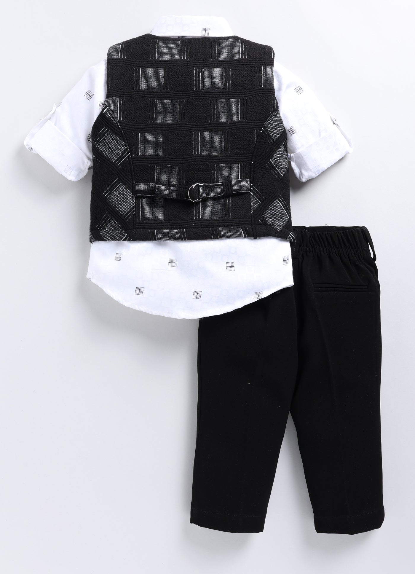 Boys Partywear Checkered Waistcoat Shirt Pant Bow Set- Black