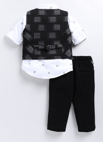 Boys Partywear Checkered Waistcoat Shirt Pant Bow Set- Black