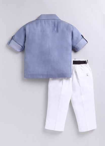 Boys Full Sleeves Cool Abstract Placement Printed Full Sleeve Shirt Pant with Belt Casual Set- Blue