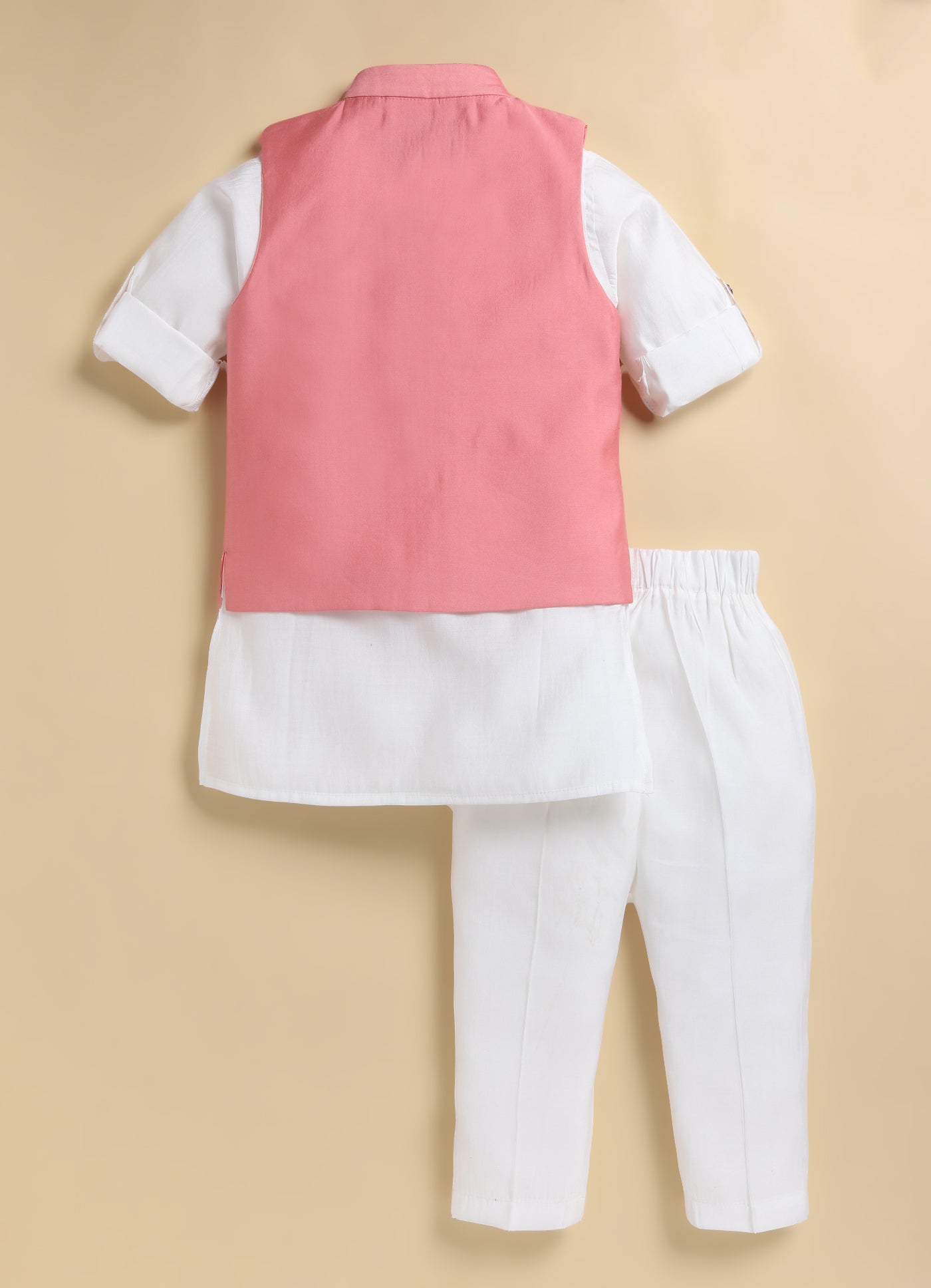 Boys Blended Silk Motif Embellished Wedding Special Super Cute Nehru Jacket, Kurta, Pajama Ethnic Set- Pink