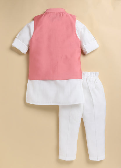 Boys Blended Silk Motif Embellished Wedding Special Super Cute Nehru Jacket, Kurta, Pajama Ethnic Set- Pink