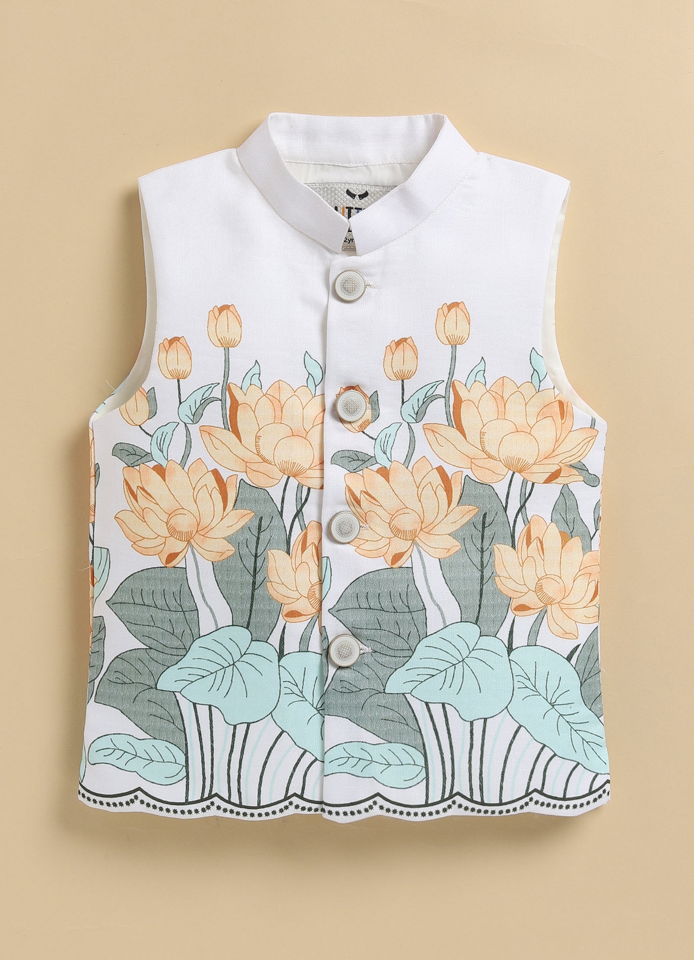 Boys Blended Cotton Lotus Blossom Printed Nehru Jacket, Kurta Pajama Set, Festive Wear Ethnic Set- Yellow
