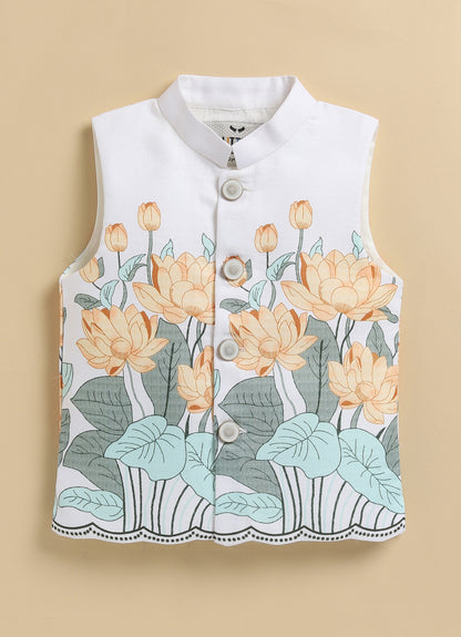Boys Blended Cotton Lotus Blossom Printed Nehru Jacket, Kurta Pajama Set, Festive Wear Ethnic Set- Yellow
