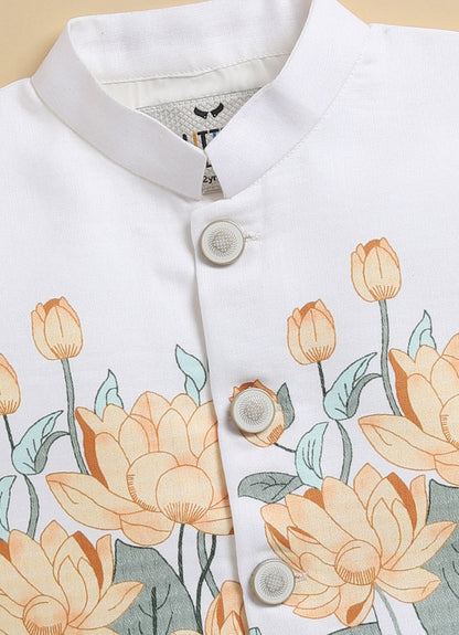 Boys Blended Cotton Lotus Blossom Printed Nehru Jacket, Kurta Pajama Set, Festive Wear Ethnic Set- Yellow