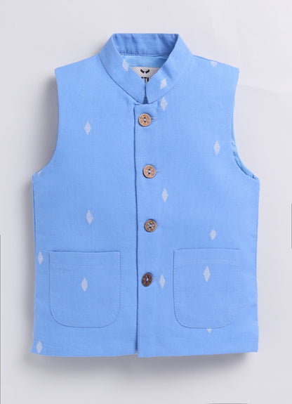 Boys Woven Nehru Jacket, Striped Kurta, Pajama Ethnic Set- Blue
