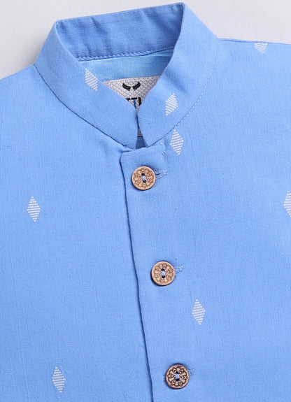 Boys Woven Nehru Jacket, Striped Kurta, Pajama Ethnic Set- Blue
