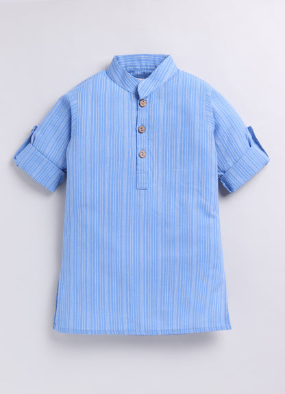 Boys Woven Nehru Jacket, Striped Kurta, Pajama Ethnic Set- Blue