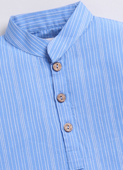 Boys Woven Nehru Jacket, Striped Kurta, Pajama Ethnic Set- Blue