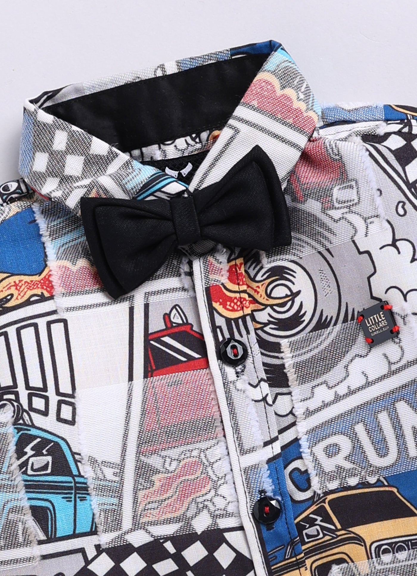 Little Collars Woven Full Sleeves Textured Printed Shirt with Trousers Suspender and Bow Shirt Pant Set- Blue