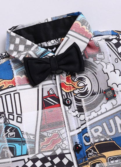 Little Collars Woven Full Sleeves Textured Printed Shirt with Trousers Suspender and Bow Shirt Pant Set- Blue