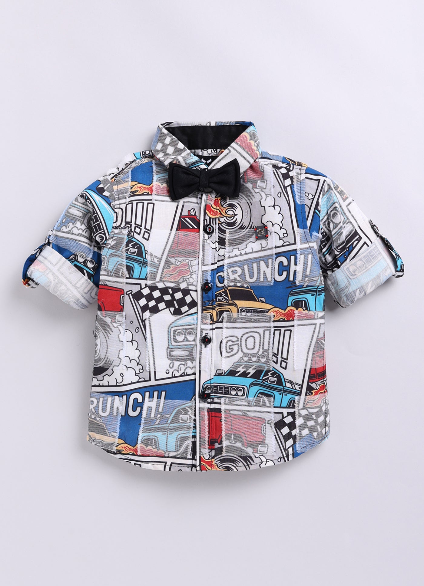 Little Collars Woven Full Sleeves Textured Printed Shirt with Trousers Suspender and Bow Shirt Pant Set- Blue