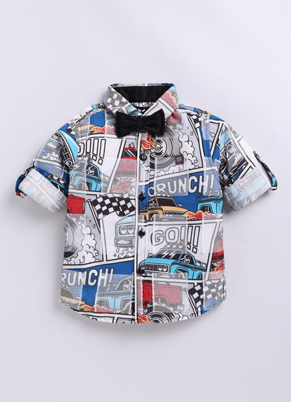 Little Collars Woven Full Sleeves Textured Printed Shirt with Trousers Suspender and Bow Shirt Pant Set- Blue