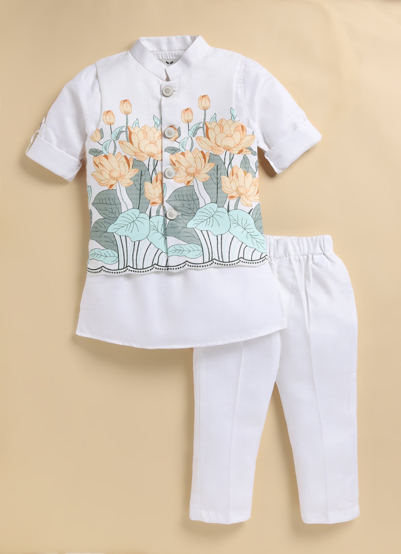Boys Blended Cotton Lotus Blossom Printed Nehru Jacket, Kurta Pajama Set, Festive Wear Ethnic Set- Yellow