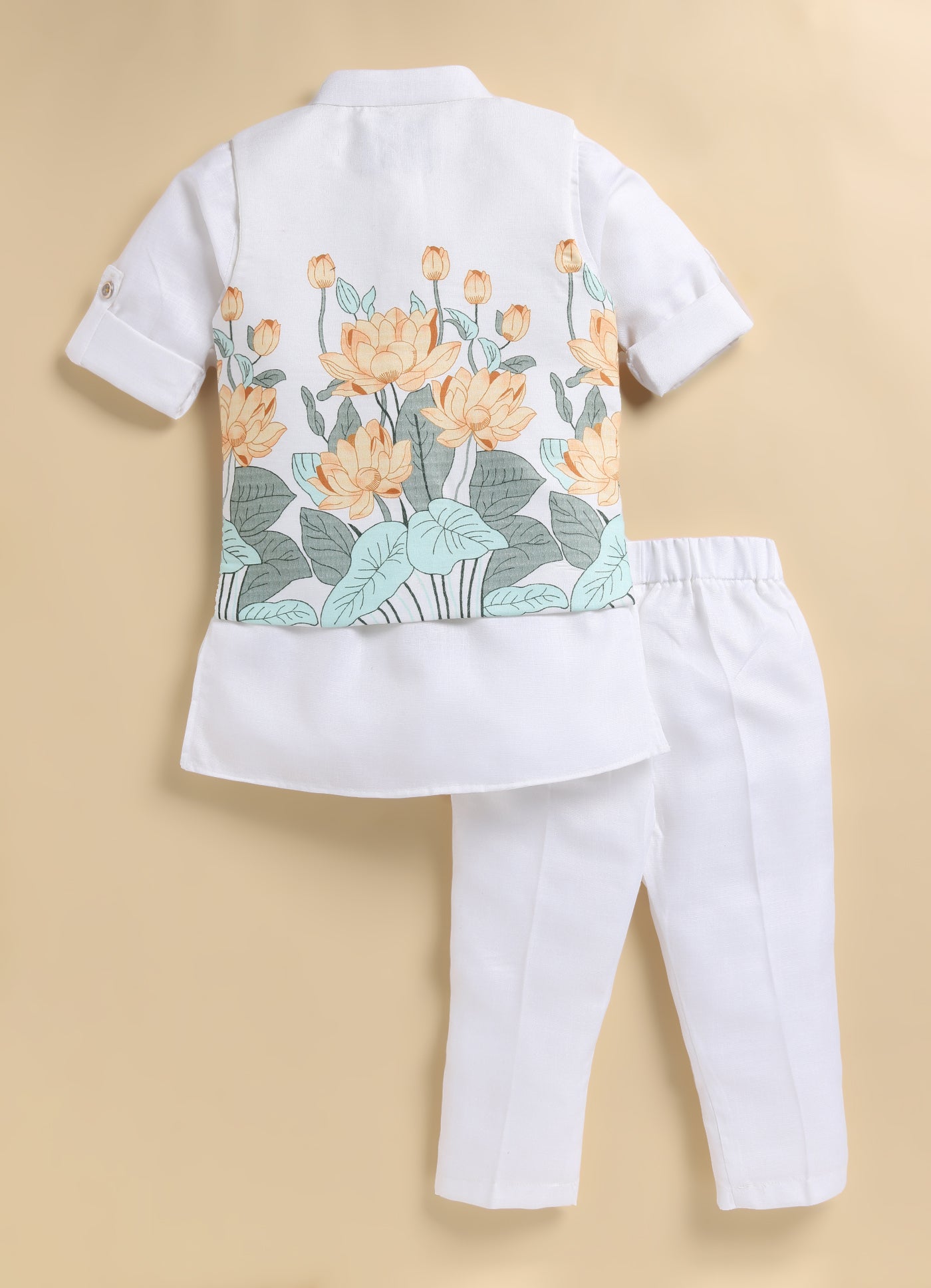 Boys Blended Cotton Lotus Blossom Printed Nehru Jacket, Kurta Pajama Set, Festive Wear Ethnic Set- Yellow