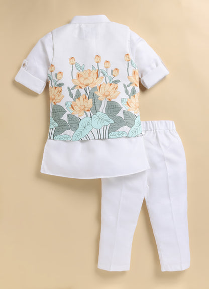 Boys Blended Cotton Lotus Blossom Printed Nehru Jacket, Kurta Pajama Set, Festive Wear Ethnic Set- Yellow