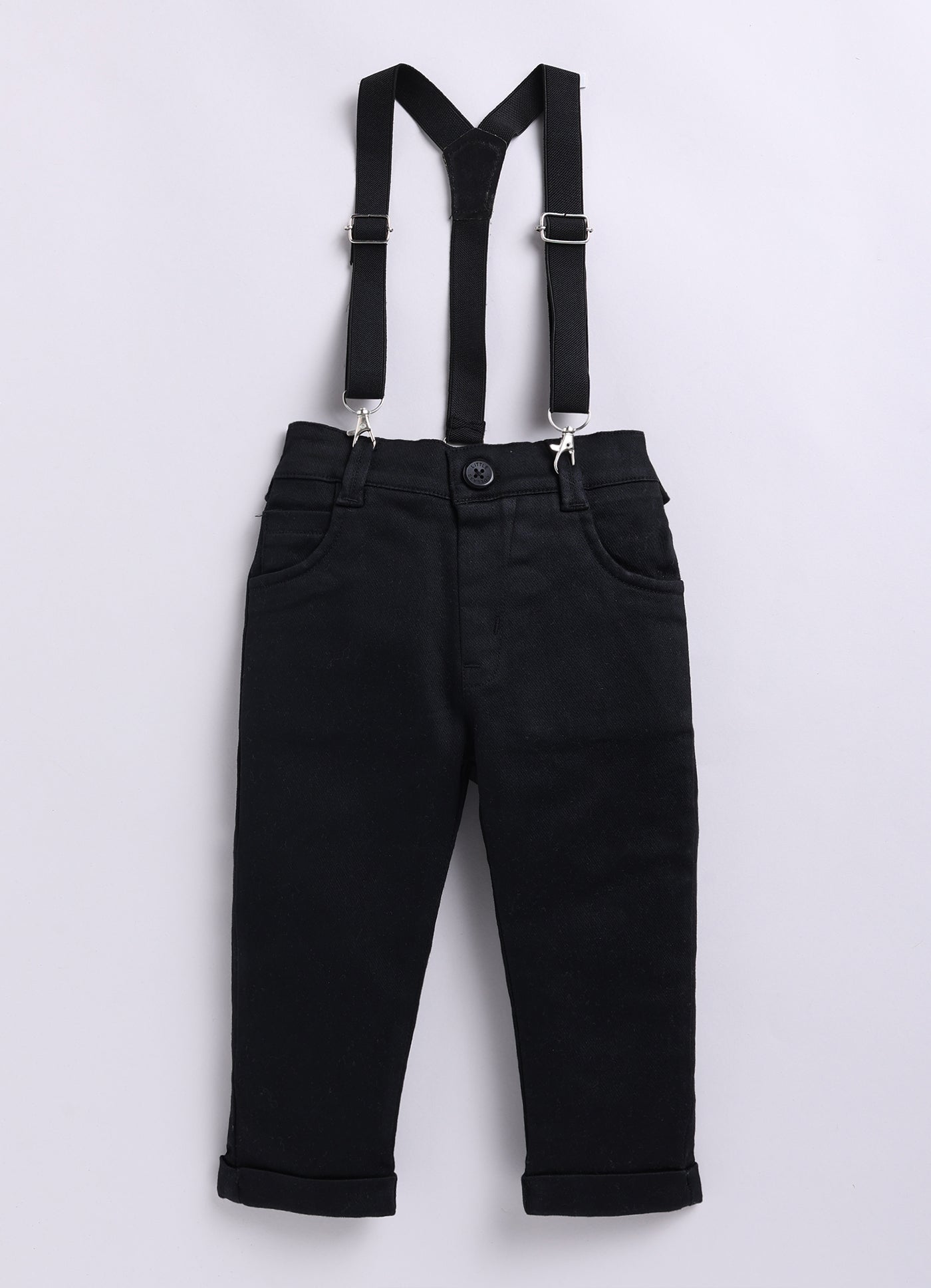 Little Collars Woven Full Sleeves Textured Printed Shirt with Trousers Suspender and Bow Shirt Pant Set- Blue