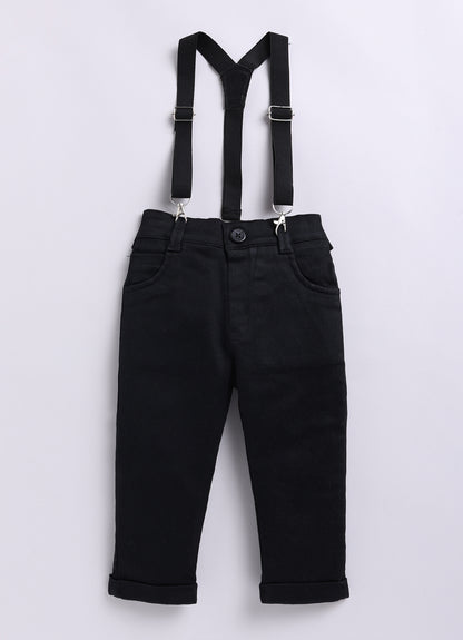 Little Collars Woven Full Sleeves Textured Printed Shirt with Trousers Suspender and Bow Shirt Pant Set- Blue