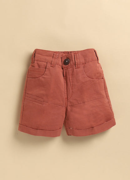 Boys Muslin Cotton Embroidered Shirt  & Shorts Set - Rust