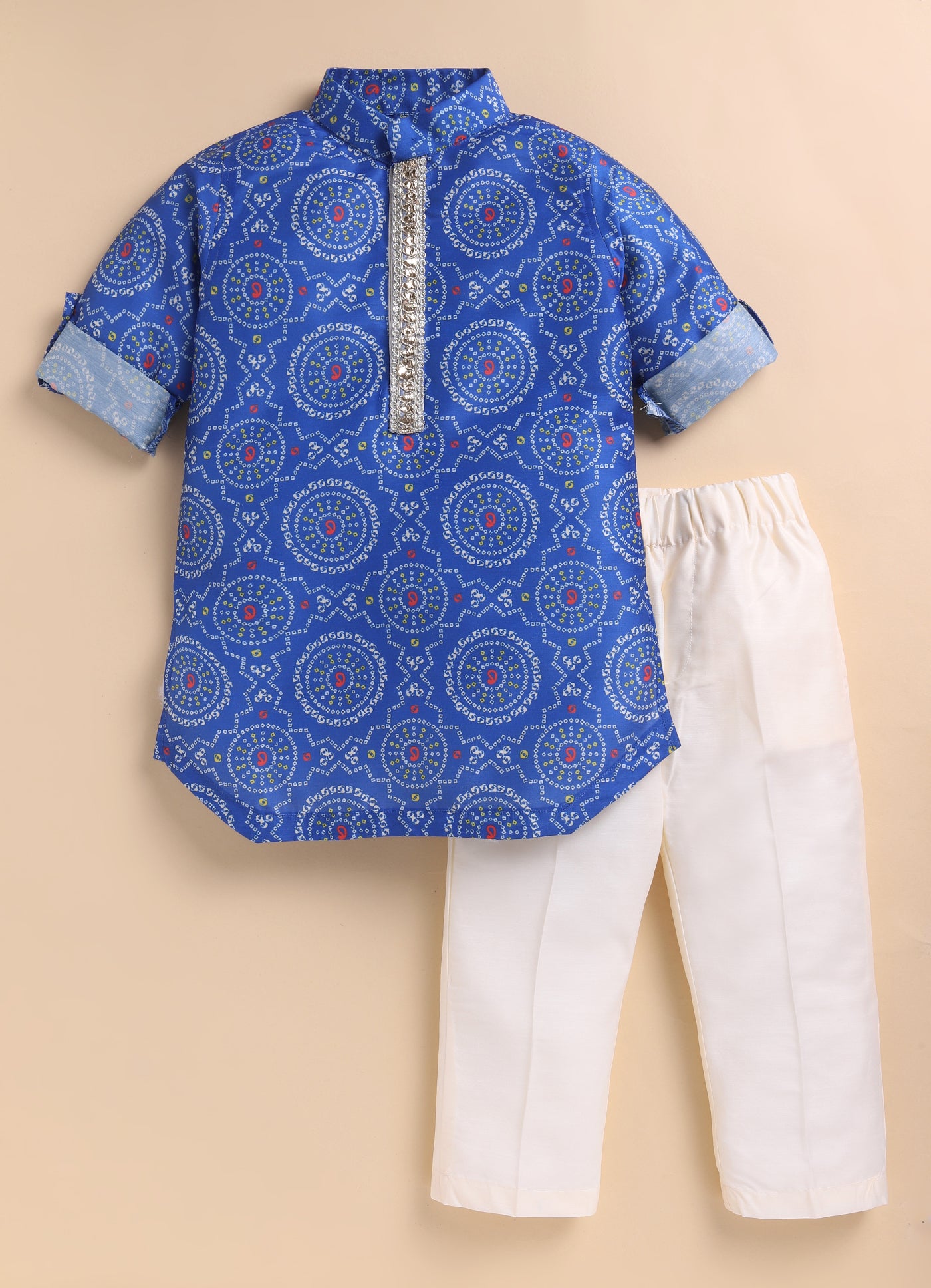 Blended Woven Bandhani Printed  Full Sleeves Kurta Pajama Ethnic Set- Blue