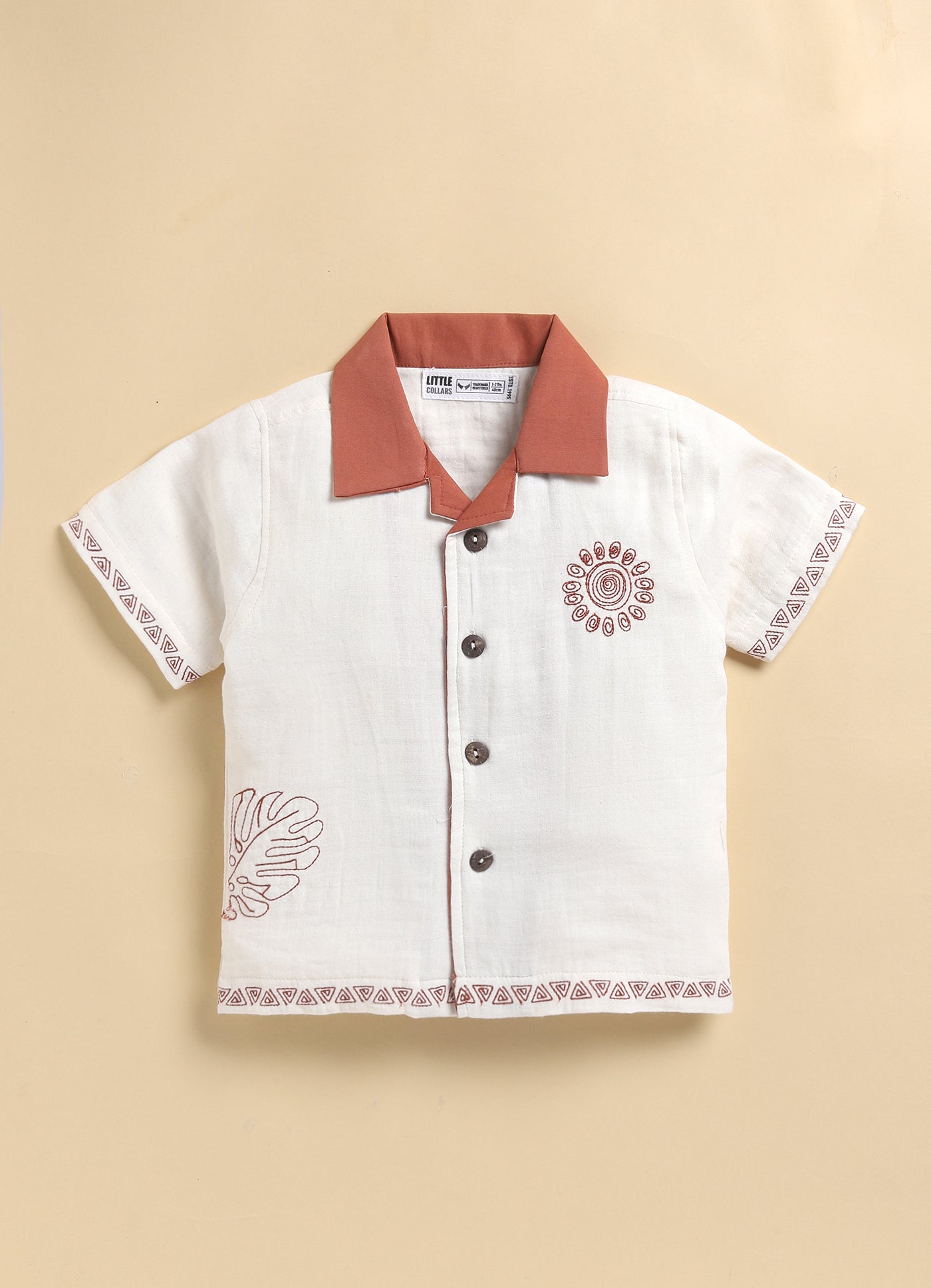 Boys Muslin Cotton Embroidered Shirt  & Shorts Set - Rust