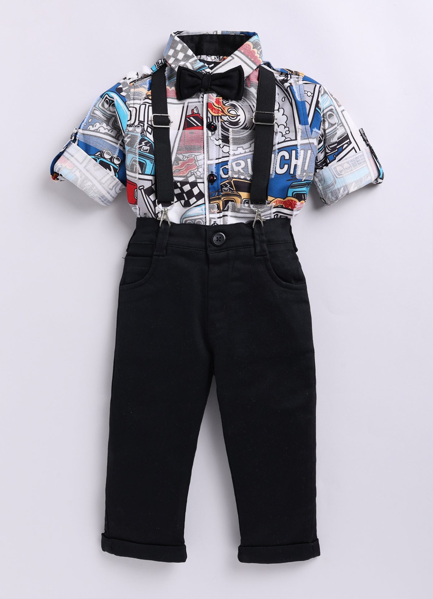 Little Collars Woven Full Sleeves Textured Printed Shirt with Trousers Suspender and Bow Shirt Pant Set- Blue
