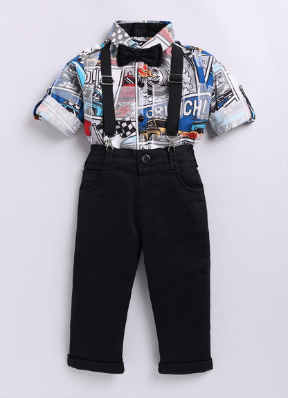 Little Collars Woven Full Sleeves Textured Printed Shirt with Trousers Suspender and Bow Shirt Pant Set- Blue