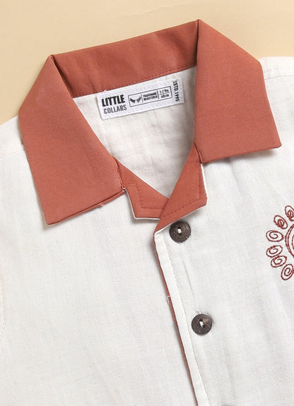 Boys Muslin Cotton Embroidered Shirt  & Shorts Set - Rust
