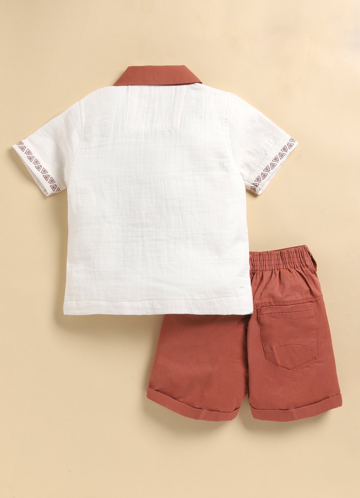 Boys Muslin Cotton Embroidered Shirt  & Shorts Set - Rust