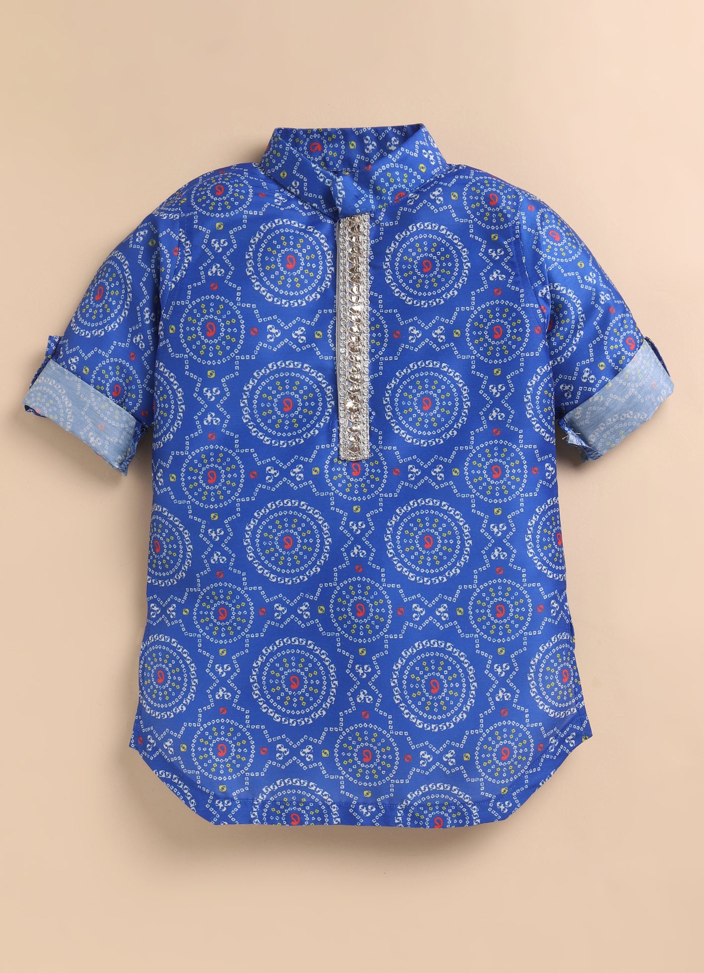 Blended Woven Bandhani Printed  Full Sleeves Kurta Pajama Ethnic Set- Blue