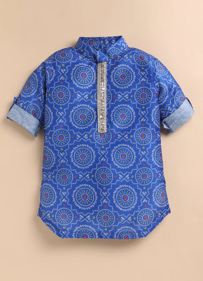 Blended Woven Bandhani Printed  Full Sleeves Kurta Pajama Ethnic Set- Blue