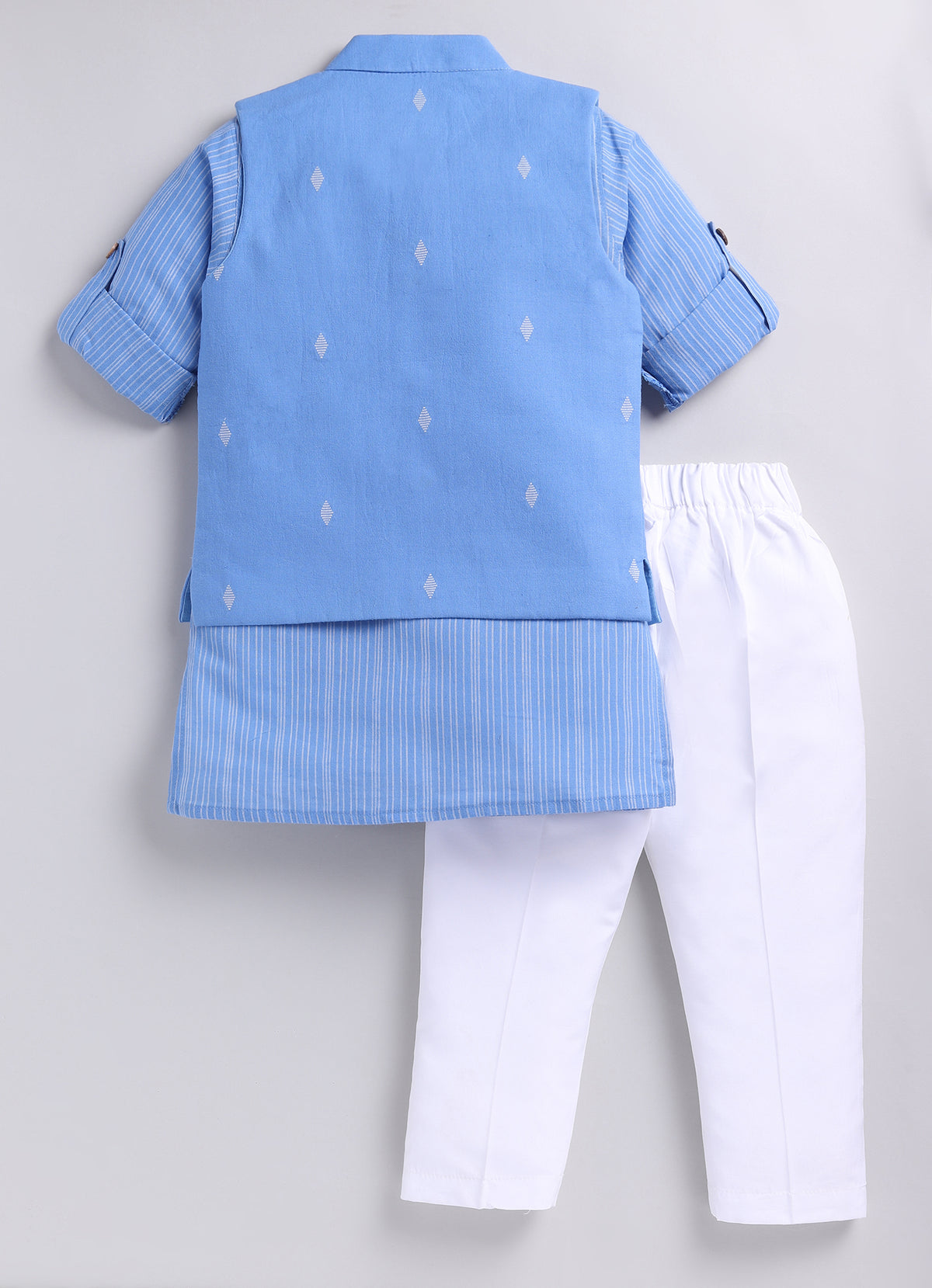 Boys Woven Nehru Jacket, Striped Kurta, Pajama Ethnic Set- Blue