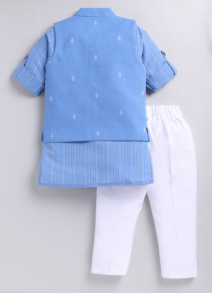 Boys Woven Nehru Jacket, Striped Kurta, Pajama Ethnic Set- Blue