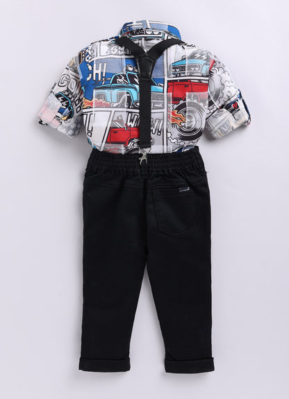 Little Collars Woven Full Sleeves Textured Printed Shirt with Trousers Suspender and Bow Shirt Pant Set- Blue
