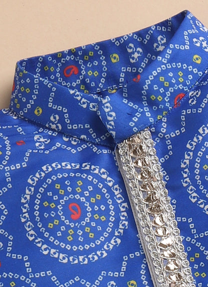 Blended Woven Bandhani Printed  Full Sleeves Kurta Pajama Ethnic Set- Blue