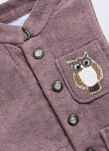 Cotton Blend Full Sleeves Solid Shirt & Pant With Sequins Embellished Owl Designed Waistcoat Set - Burgandy