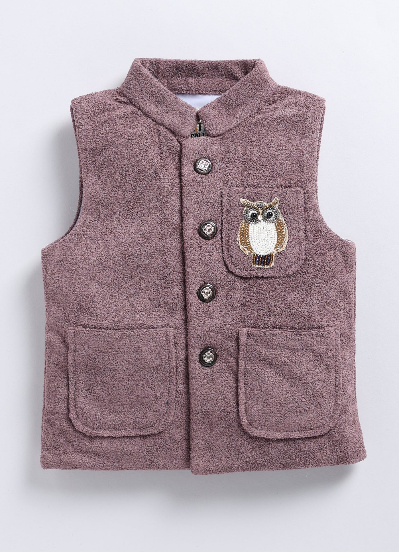 Cotton Blend Full Sleeves Solid Shirt & Pant With Sequins Embellished Owl Designed Waistcoat Set - Burgandy