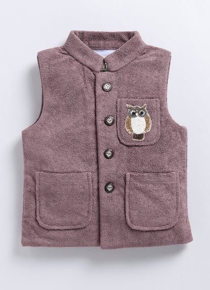 Cotton Blend Full Sleeves Solid Shirt & Pant With Sequins Embellished Owl Designed Waistcoat Set - Burgandy