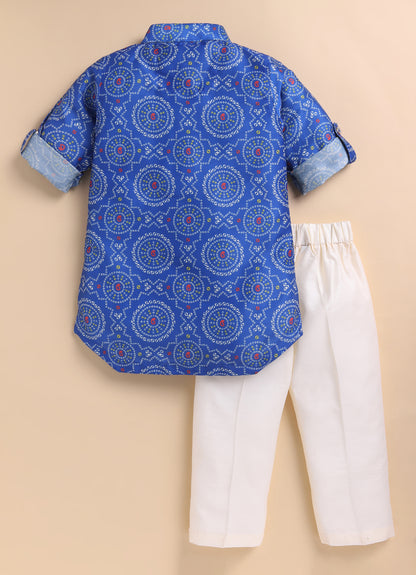 Blended Woven Bandhani Printed  Full Sleeves Kurta Pajama Ethnic Set- Blue