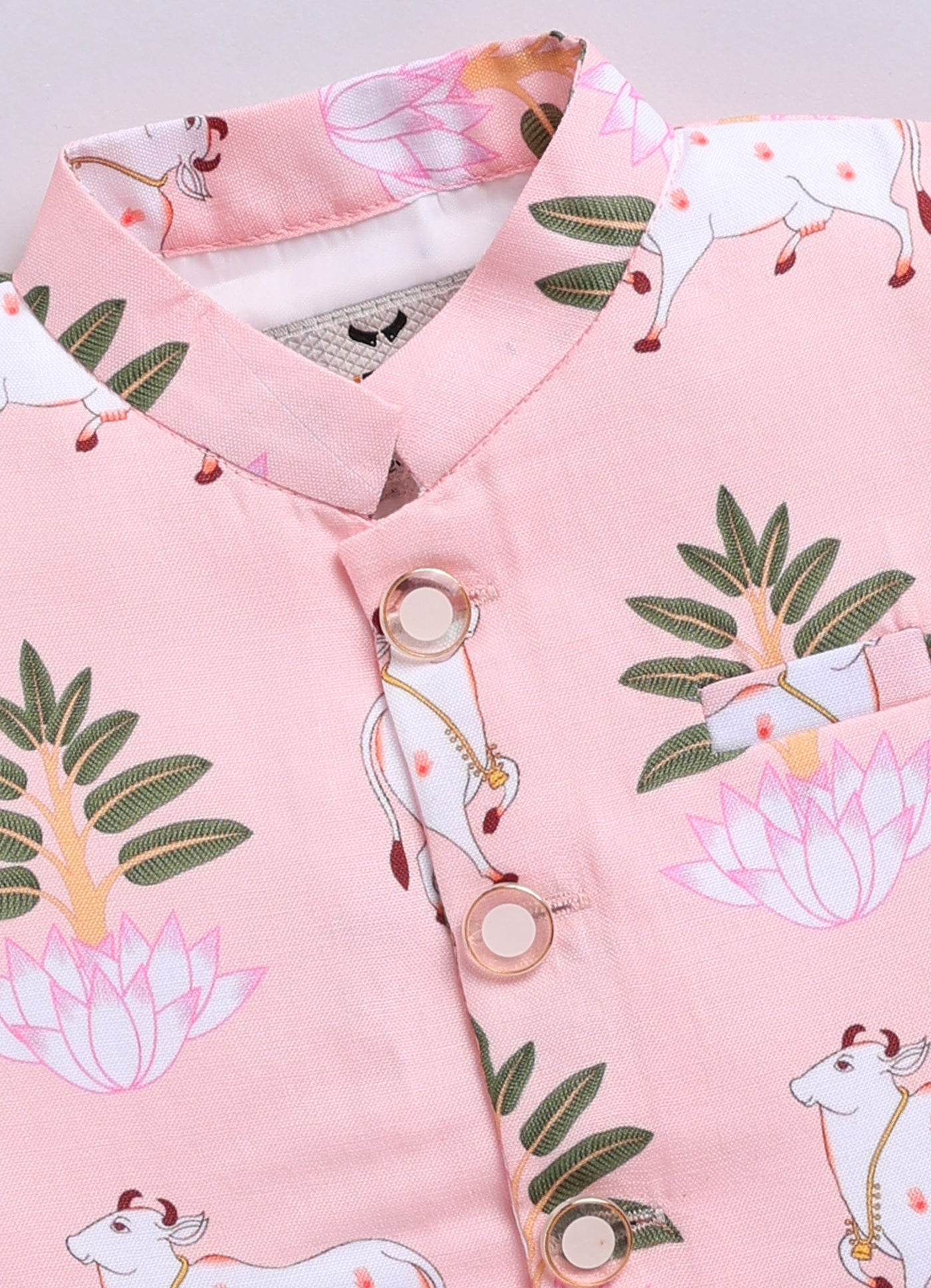 Blended Cotton Woven Full Sleeves Kurta Pajama with Pichwai Printed  Nehru Jacket Ethnic Set- D.Peach