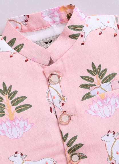 Blended Cotton Woven Full Sleeves Kurta Pajama with Pichwai Printed  Nehru Jacket Ethnic Set- D.Peach