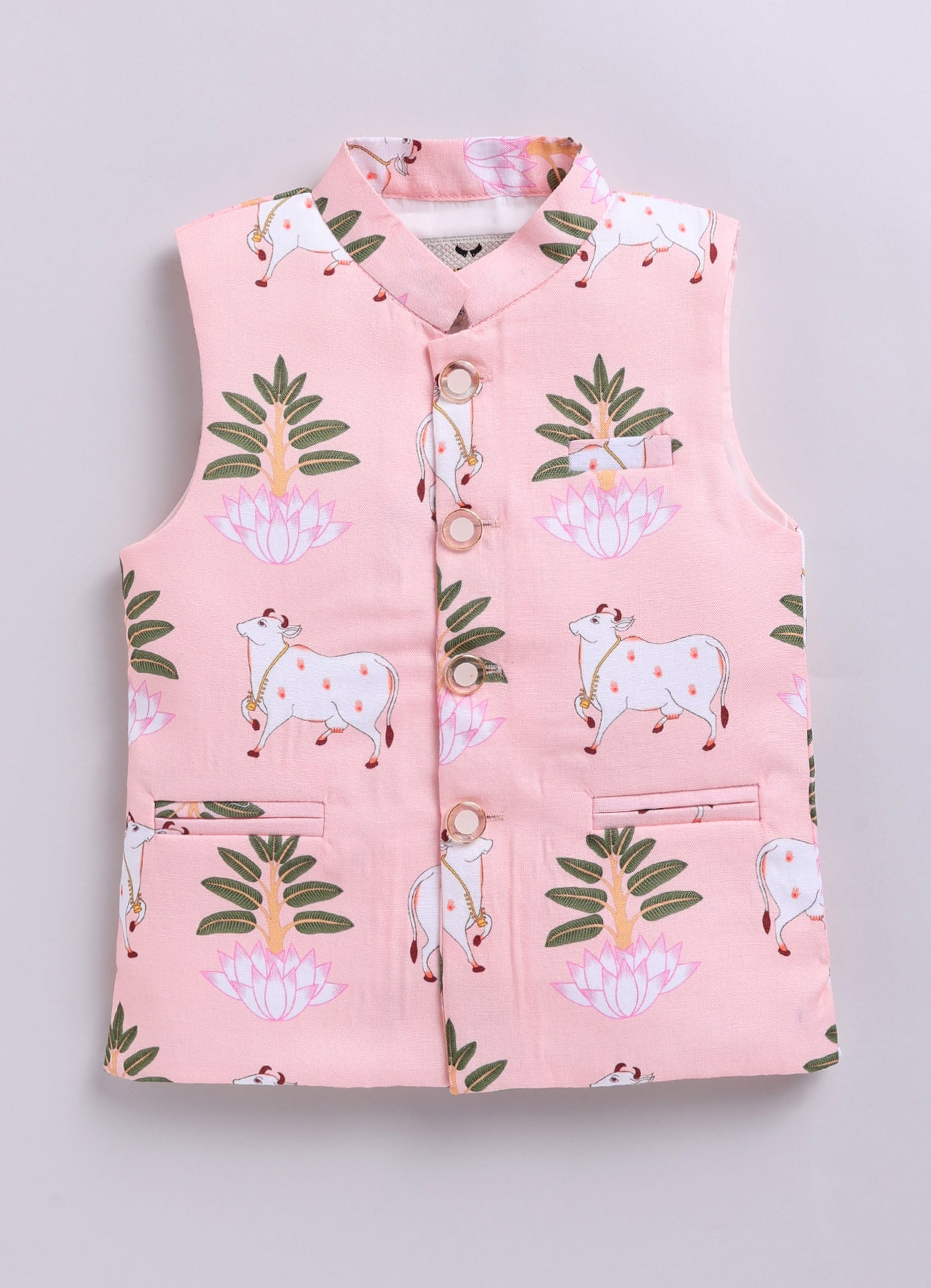 Blended Cotton Woven Full Sleeves Kurta Pajama with Pichwai Printed  Nehru Jacket Ethnic Set- D.Peach