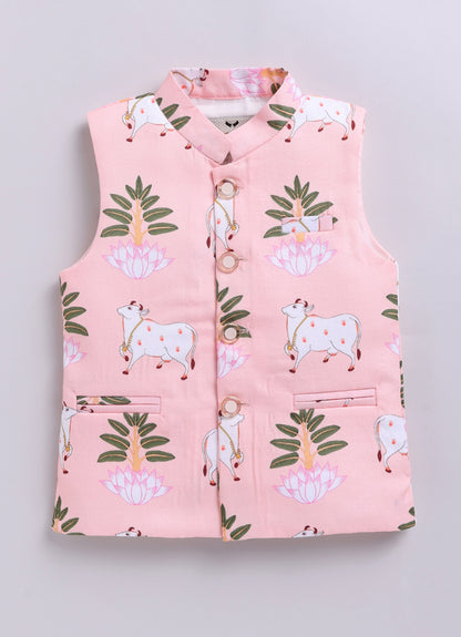 Blended Cotton Woven Full Sleeves Kurta Pajama with Pichwai Printed  Nehru Jacket Ethnic Set- D.Peach